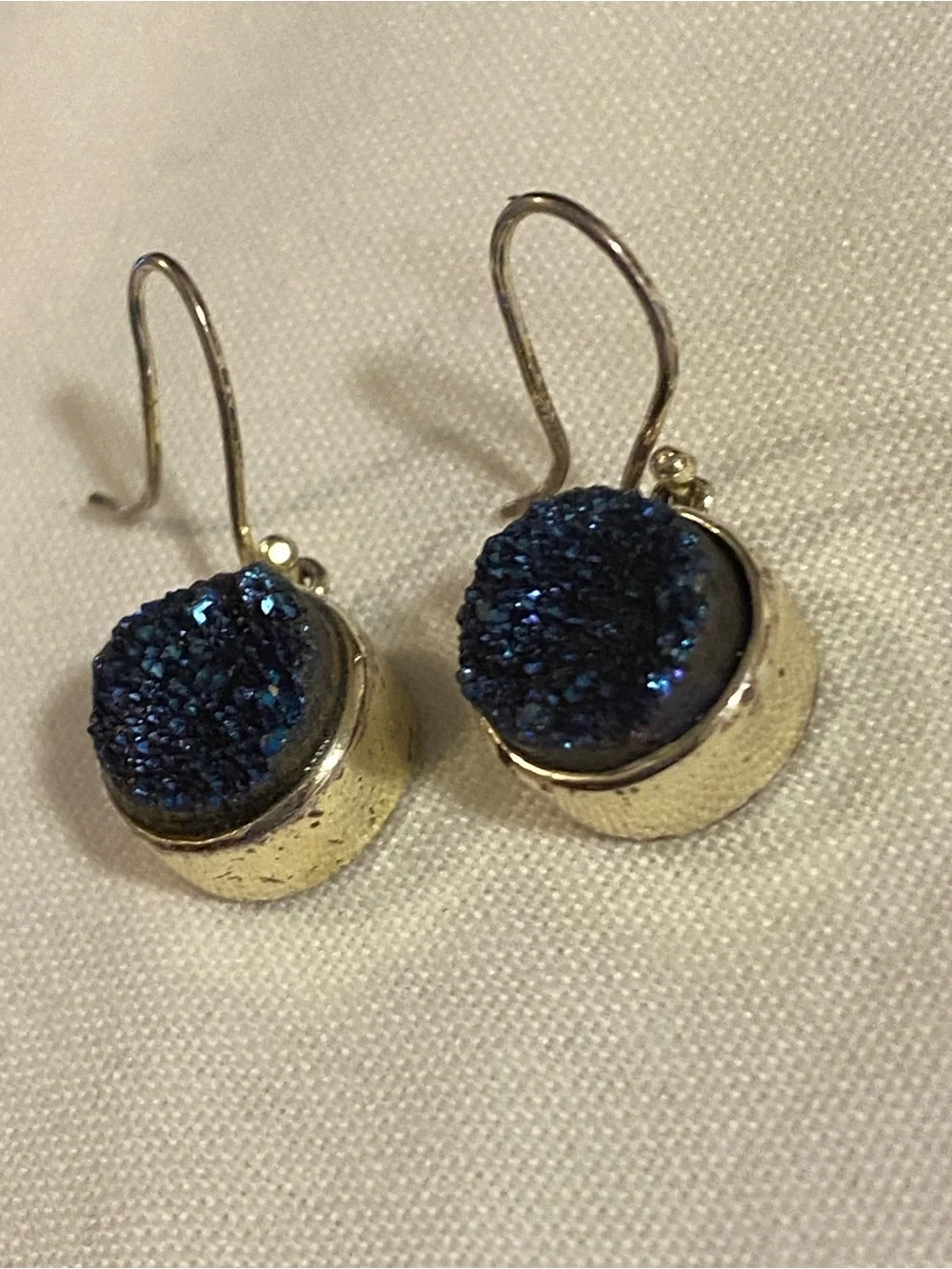 Gold  tone  Navy Blue Druzy Drop Earrings